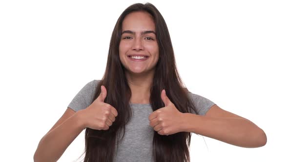 Slow Motion Portrait of Funny Woman Suddenly Appearing From Bottom on Camera Showing Thumbs Up with