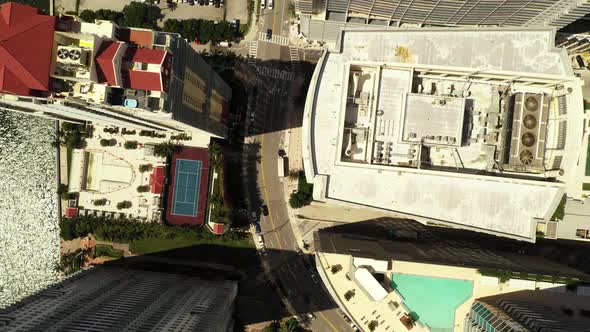 Downward Facing Drone Flying Over A City With Skyscrapers 4k