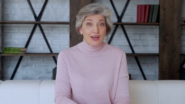 Cheerful Older Woman Looking Talking To Camera Conference Calling at Home. Grandmother Speak To