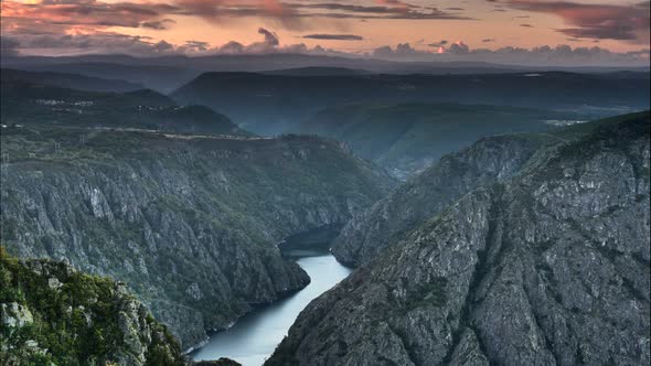 Sunset over River Sil Canyon, Galicia Spain. Timelapse