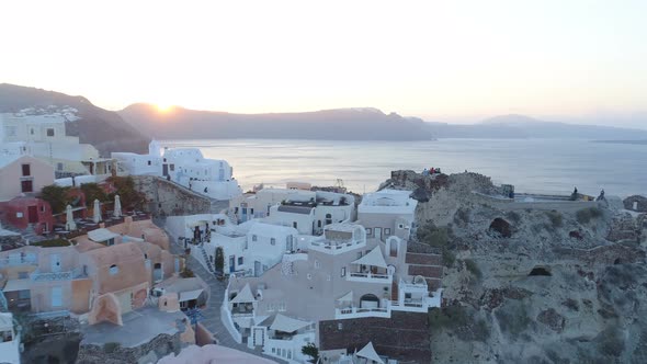 Aerial View Flying Over City of Oia on Santorini Greece