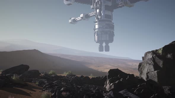 Alien Spaceship Rotate Over Desert. Ufo alt