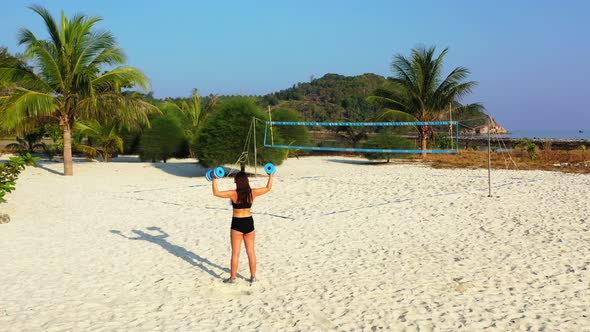 Pretty Fun Women on Holiday in The Sun on Beach on Sunny Blue and White Sand 