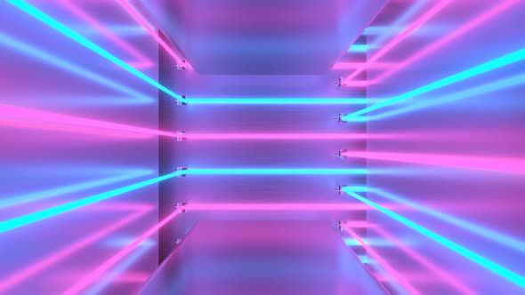 Retro Aesthetic Pink Blue Laser Beams Reflect Fluorescent Neon Hall - 4K