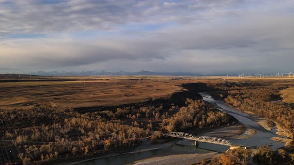 4k aerial footage approaching and descending towards bridge near Brocket, Alberta. Southern Kootenay