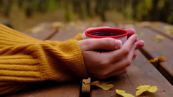 Women's Hands Holding a Tremos Cup with a Hot Drink in It