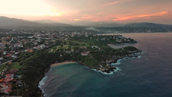 Cliff Puerto Escondido Beaches Aerial Sunrise Over Ocean Mountain Fire Sunlight