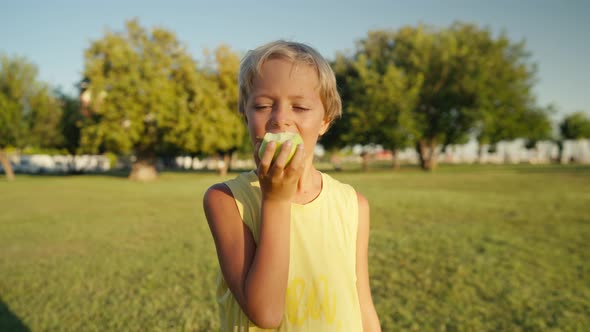 Cute Child Boy Portrait Stay in Apple Tree Garden Outdoors Eating Green Juicy Apple