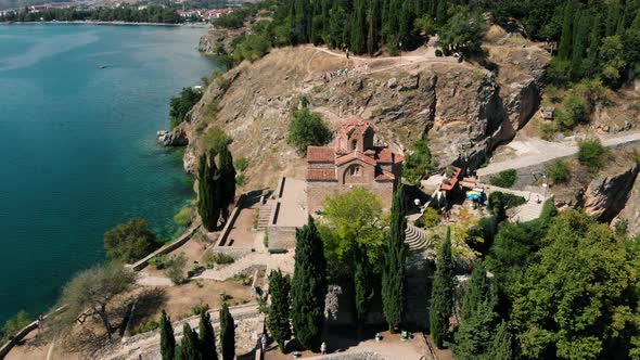 Macedonia Landmark - Historic Orthodox Church At Lake Ohrid. Aerial crane shot from a drone..
