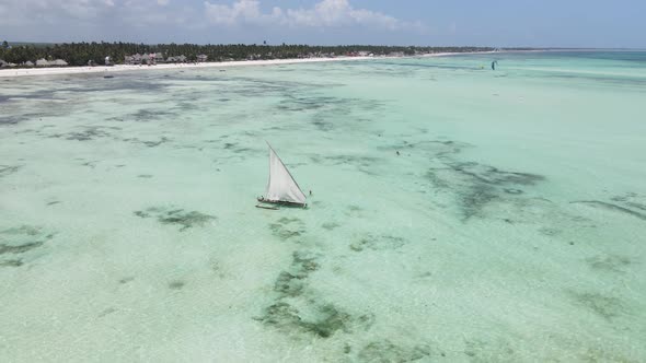 Aerial View of a Boat in the Ocean Near the Coast of Zanzibar Tanzania