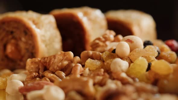 Turkish Sweet Dish Baklava and Nuts Closeup