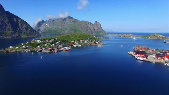 Panning aerial view of Reine on Lofoten islands in Norway