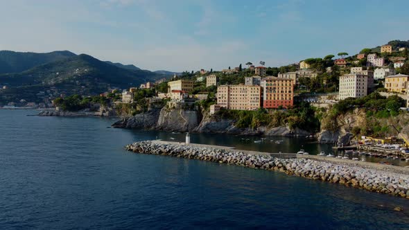 Drone view over the Italian sea in the beautiful town of Camogli