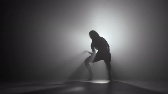 Silhouette of Beautiful Dancer on Smoky Dark background.Spotlight Shines