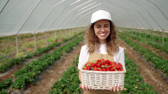 Female Farmer Standing in Greenhouse with Basket Strawberry