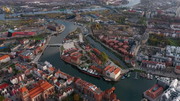 Europe Polandd Gdansk. Drone Shot. Flight Over Motlawa, Old Town.