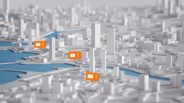 Modern Message Orange Icon on Aerial View of City Buildings 3D Rendering