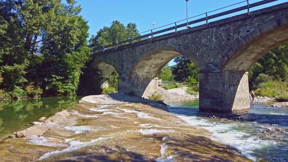 Bridge River Clear Water Old Viaduct Overpass Car Panning Horizontal Background