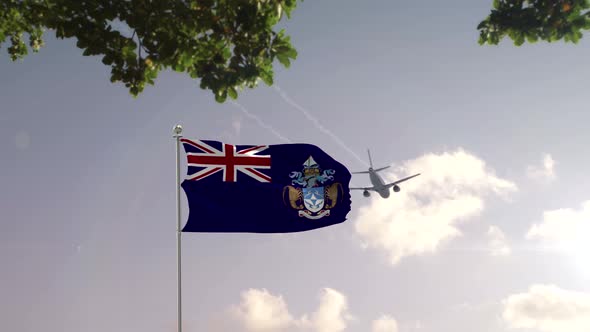 Tristan da Cunha Flag With Airplane And City -3D rendering