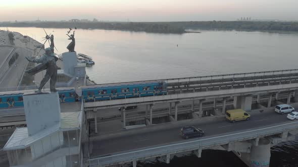 Aerial View of the Metro Bridge. Station Dnipro. Kyiv, Ukraine.