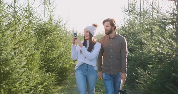 Couple Walking Together Near Beautiful fir Trees, Woman Making Photos