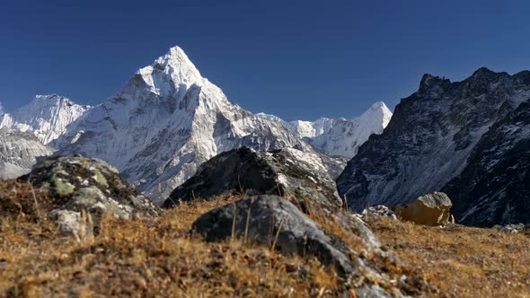 Mount Ama Dablam, Nepal. Snowy Peak in Himalaya. Trek To the Everest Base Camp. Steadicam Shot