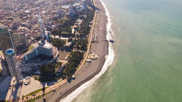 Aerial hyperlapse of beautiful embankment of Batumi city. Georgia