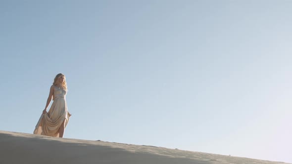 Woman In Gold Dress Walking On Sandy Beach