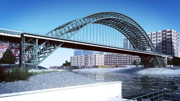 Conceptual animation of a tied-arch bridge in the fictional town. Time-lapse. HD