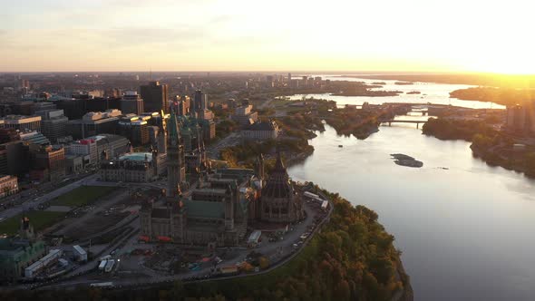 Parliament Hill Ottawa Canada Aerial Golden Hour