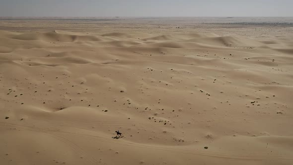 Aerial view of one person riding horse in the desert of Al Khatim in Abu Dhabi.