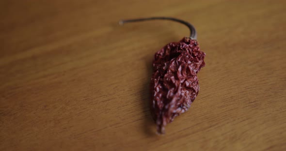 Close Up Pan Right of a Dried Ghost Pepper on a Table