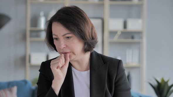 Portrait of Old Businesswoman Coughing, Throat Infection