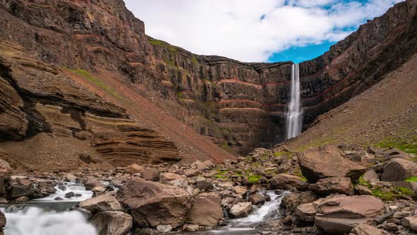 Time Lapse Footage of Beautiful Hengifoss Waterfall in Eastern Iceland