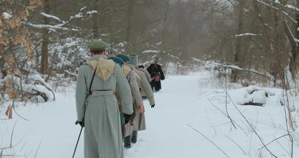 Men Dressed As White Guard Soldiers Of Imperial Russian Army In Russian Civil War Times Marching