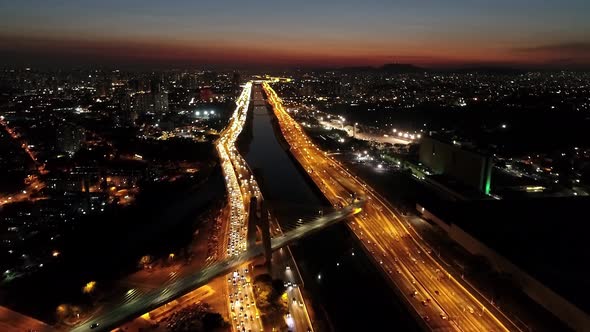 Sunset Sao Paulo Brazil. Panoramic landscape of downtown city building