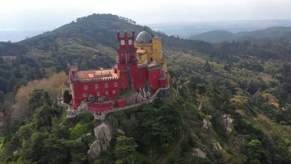 Aerial view of Pena Palace, a castle in Sintra, Lisbon, Portugal.