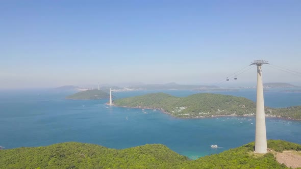 Aerial View of Picturesque Aerial Tramway with Views of Blue Ocean and Islands.