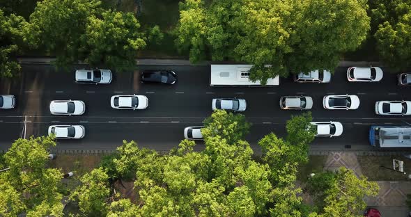 Aerial Top Down View of Freeway Busy City Rush Hour Heavy Traffic Jam Highway