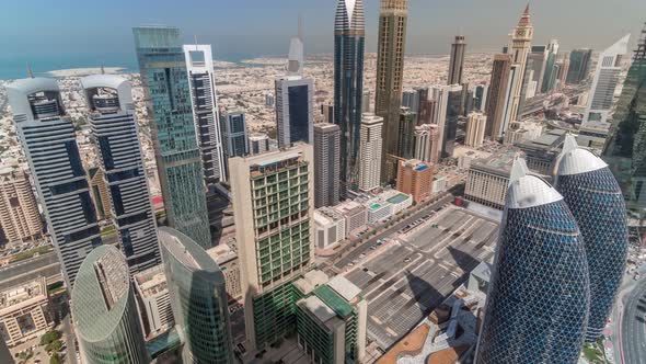 Skyline View of the Buildings of Sheikh Zayed Road and DIFC Aerial Timelapse in Dubai UAE