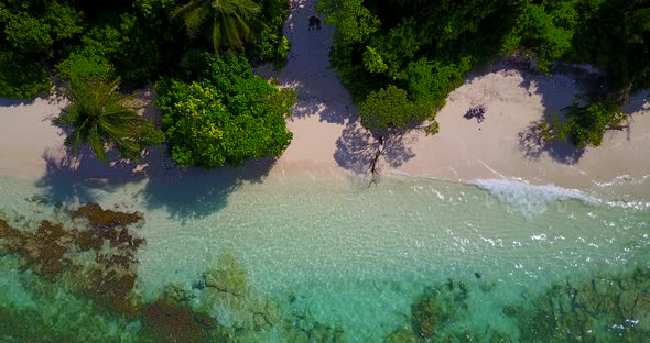 Daytime above clean view of a paradise sunny white sand beach and blue water background in 4K