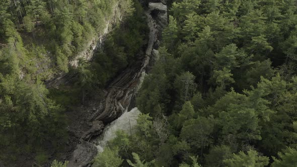 Drone shot flying to the left and panning down, revealing water going through a canyon with trees on