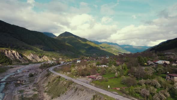 Aerial View of Georgian Military Road  a Route Through the Caucasus From Georgia to Russia