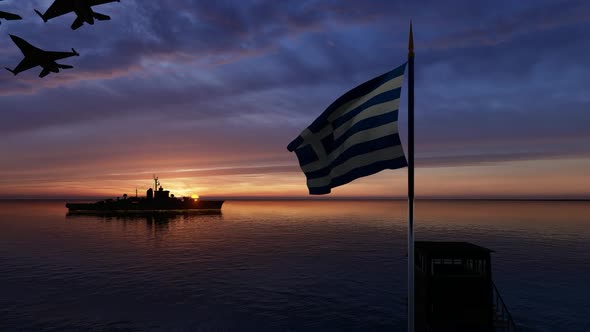 Waving Greek Flag Warship and Passing Warplanes