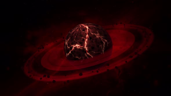 Destroyed planet in space with red rings and nuclear lightning. Dead planet in cosmos. Asteroid belt alt