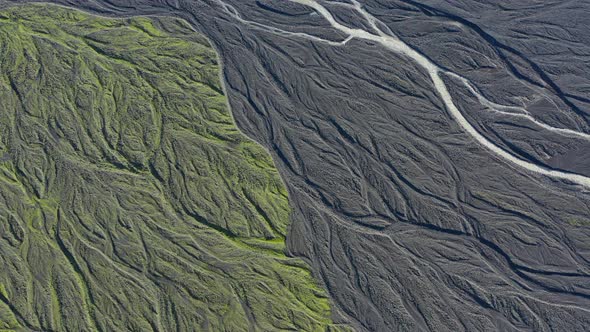 Drone Over Landscape With Dry Riverbed Of Braided River