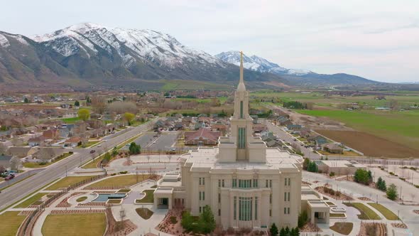 Aerial Truck Left View from the Beautiful LDS Mormon Payson Utah Temple and Surroundings