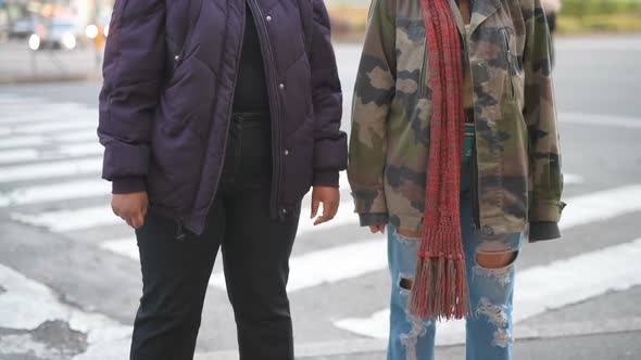 slow motion view of two young multiethnic women standing outdoor smiling