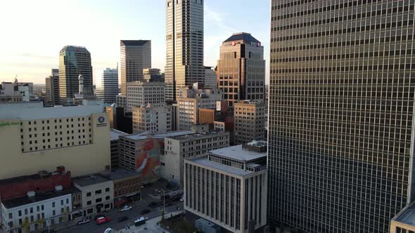 indianapolis downtown aerial footage during golden hour, indiana united states