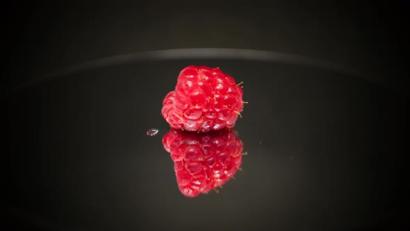 Fresh juicy raspberry chunk on a black lazy susan turntable